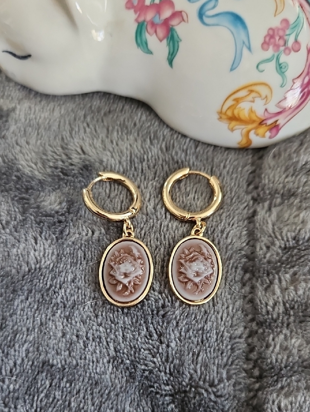 Gold tone Rose Cameo Style Hoop Earrings